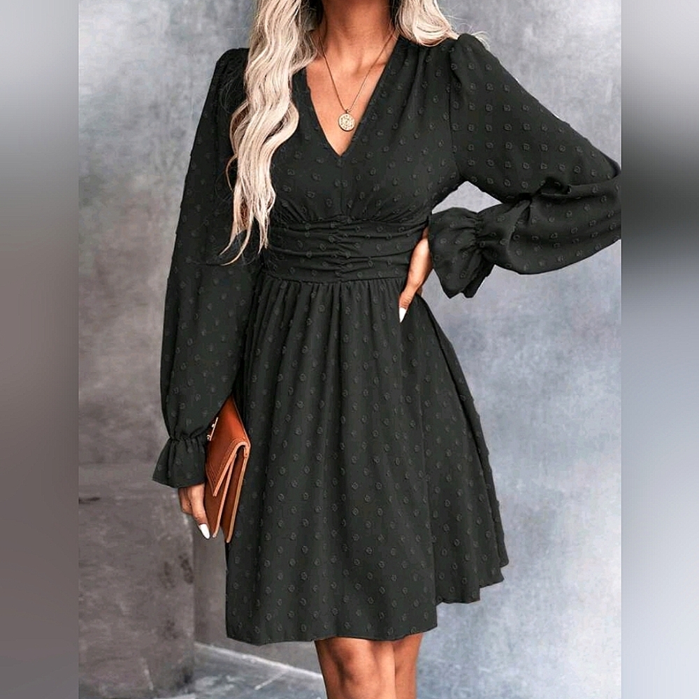 New Flowy Dot Long Sleeve Ruched Waist Short Dress Black